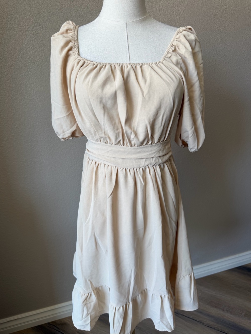 NWOT Girls' Cream Puff-Sleeve Waist-Defined Casual Dress, 13-14 yrs old